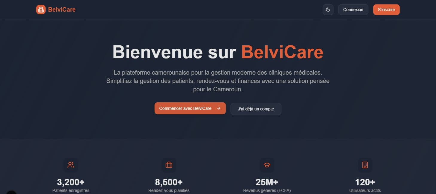 Page d’accueil de BelviCare, plateforme camerounaise de gestion moderne des cliniques médicales