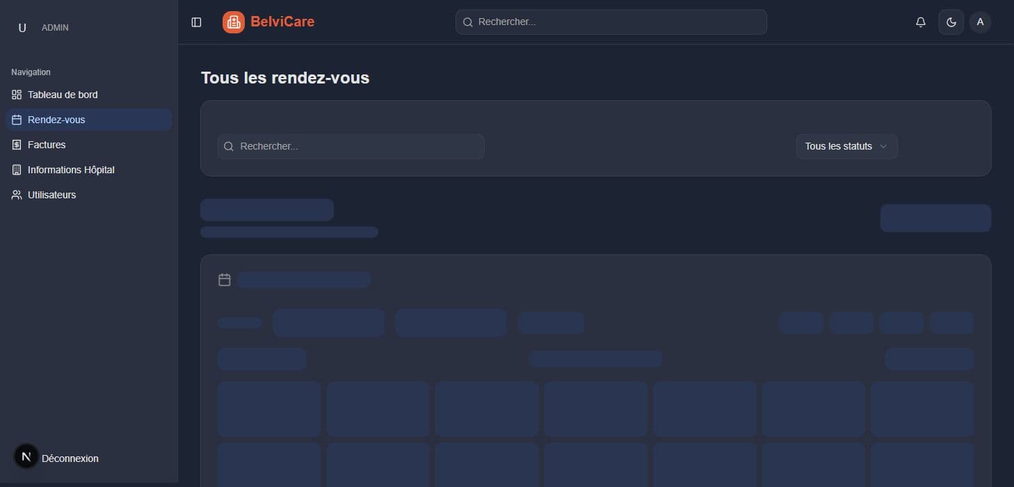 Écran de gestion des rendez-vous BelviCare avec recherche et filtre par statut