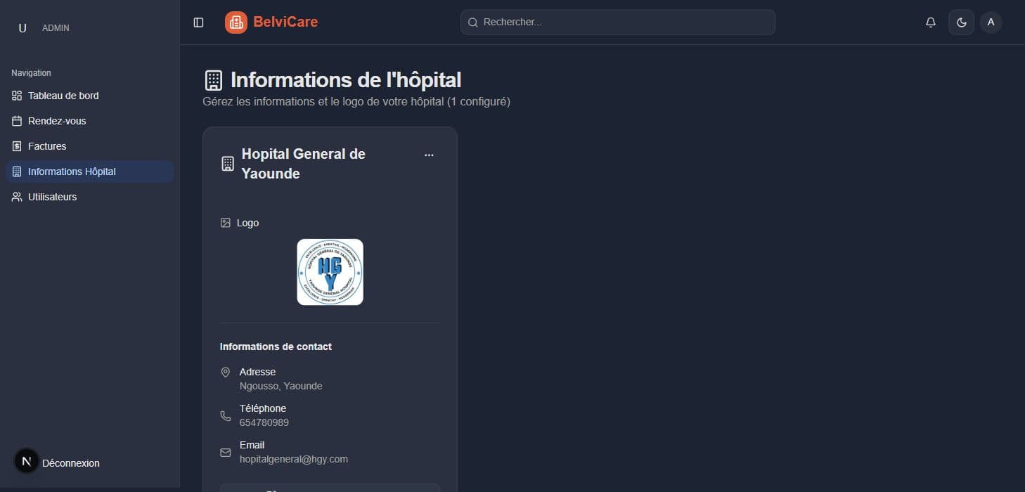 Fiche des informations de l’hôpital dans BelviCare avec logo et coordonnées
