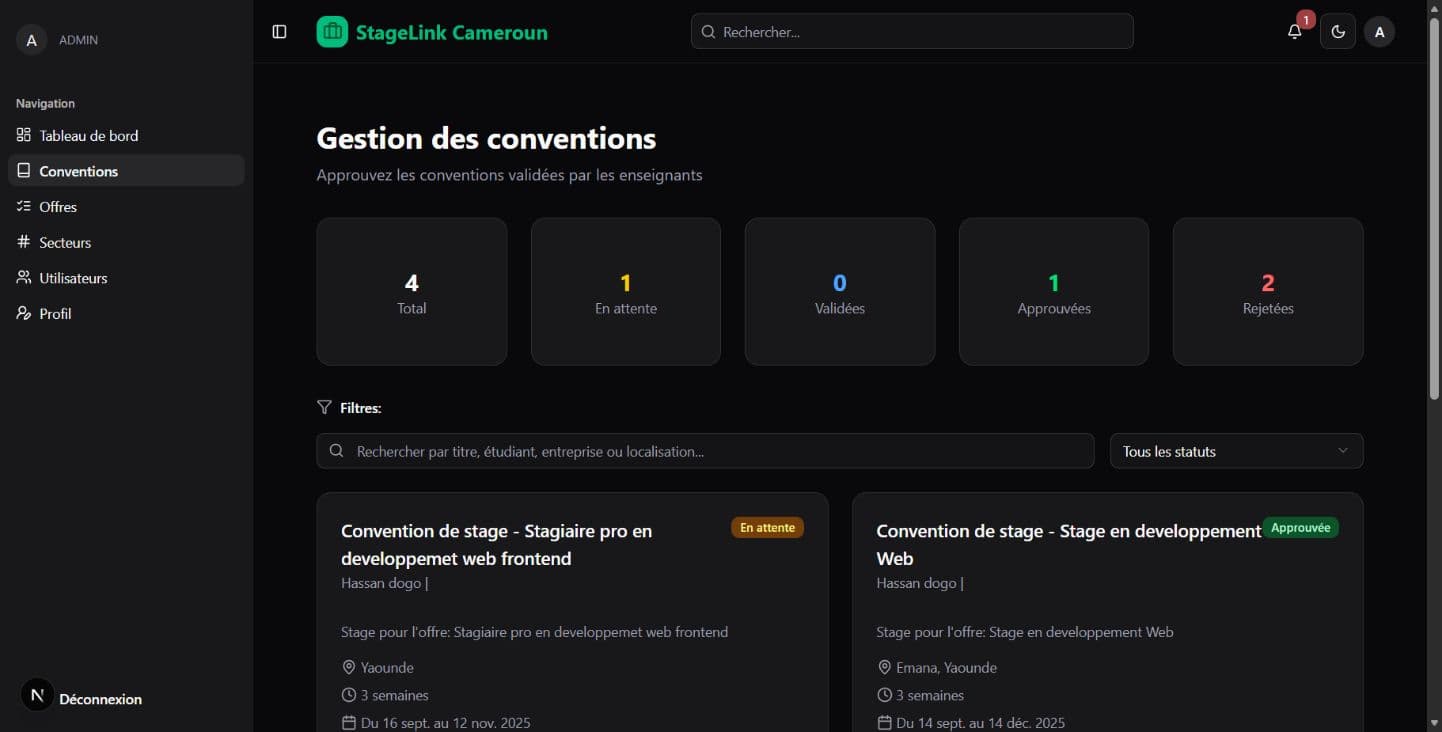 Gestion des conventions StageLink avec indicateurs par statut, filtres et cartes détaillées