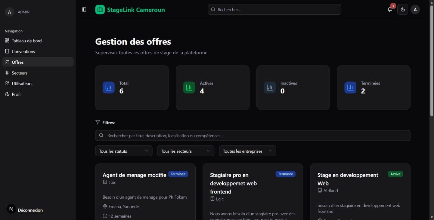 Gestion administrative des offres de stage avec statistiques et filtres multicritères