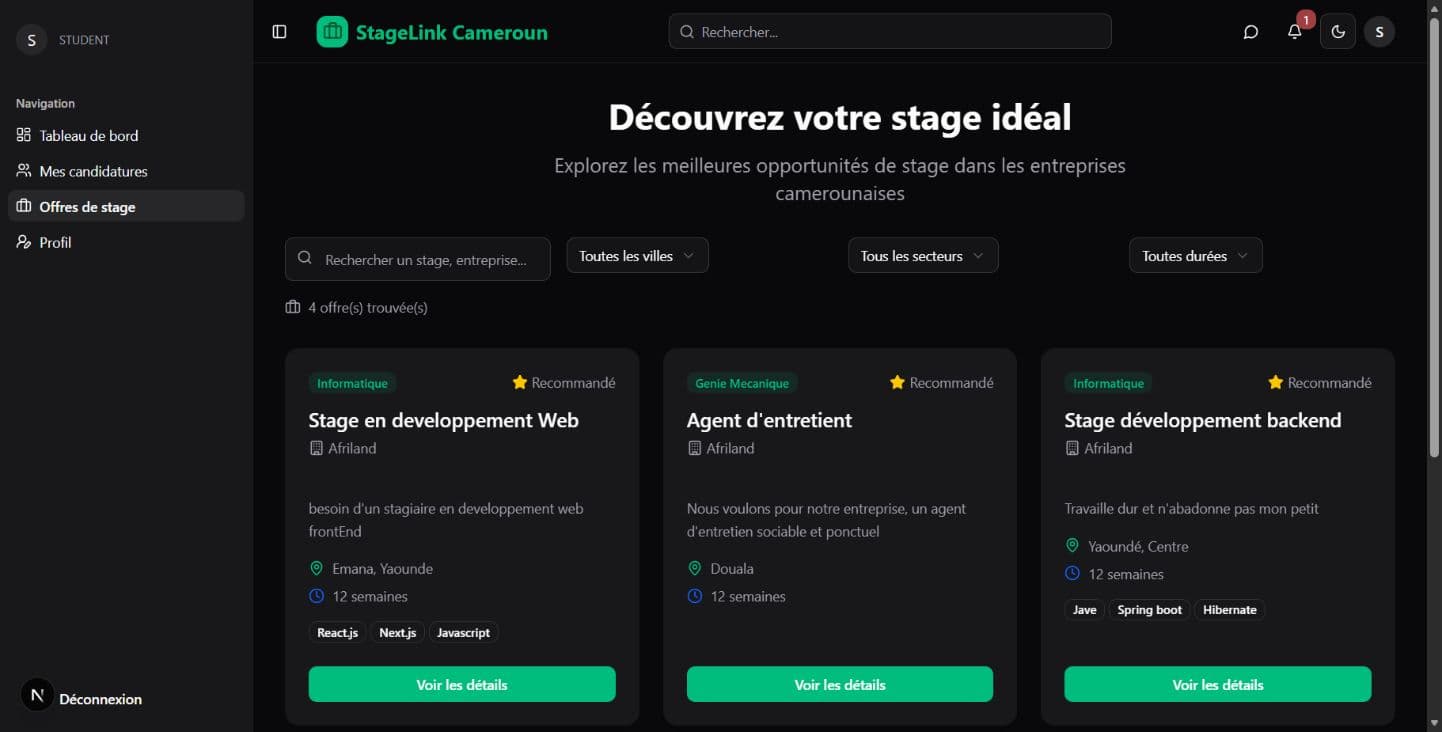 Catalogue d’offres StageLink filtrable par ville, secteur et durée avec compétences requises