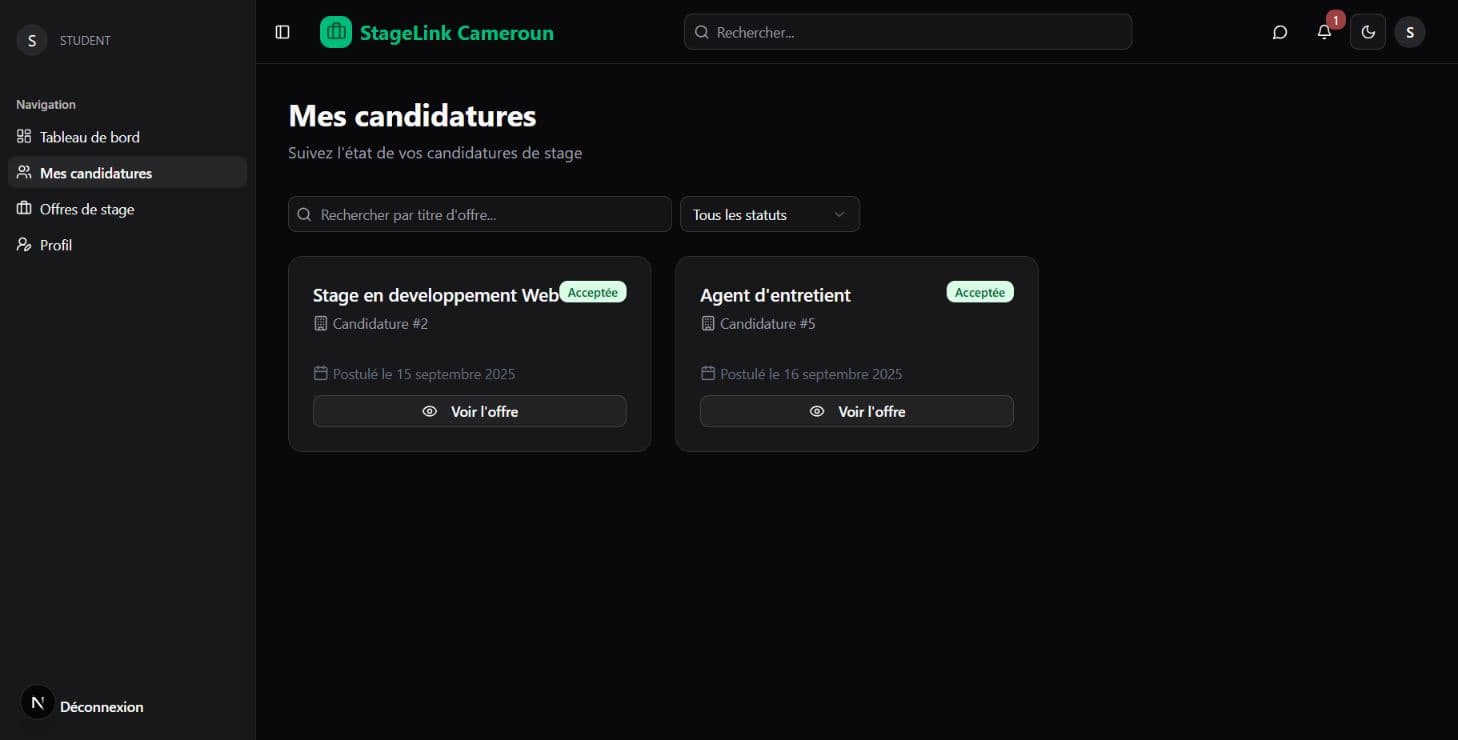 Suivi étudiant des candidatures StageLink avec recherche, filtres et statut d’acceptation