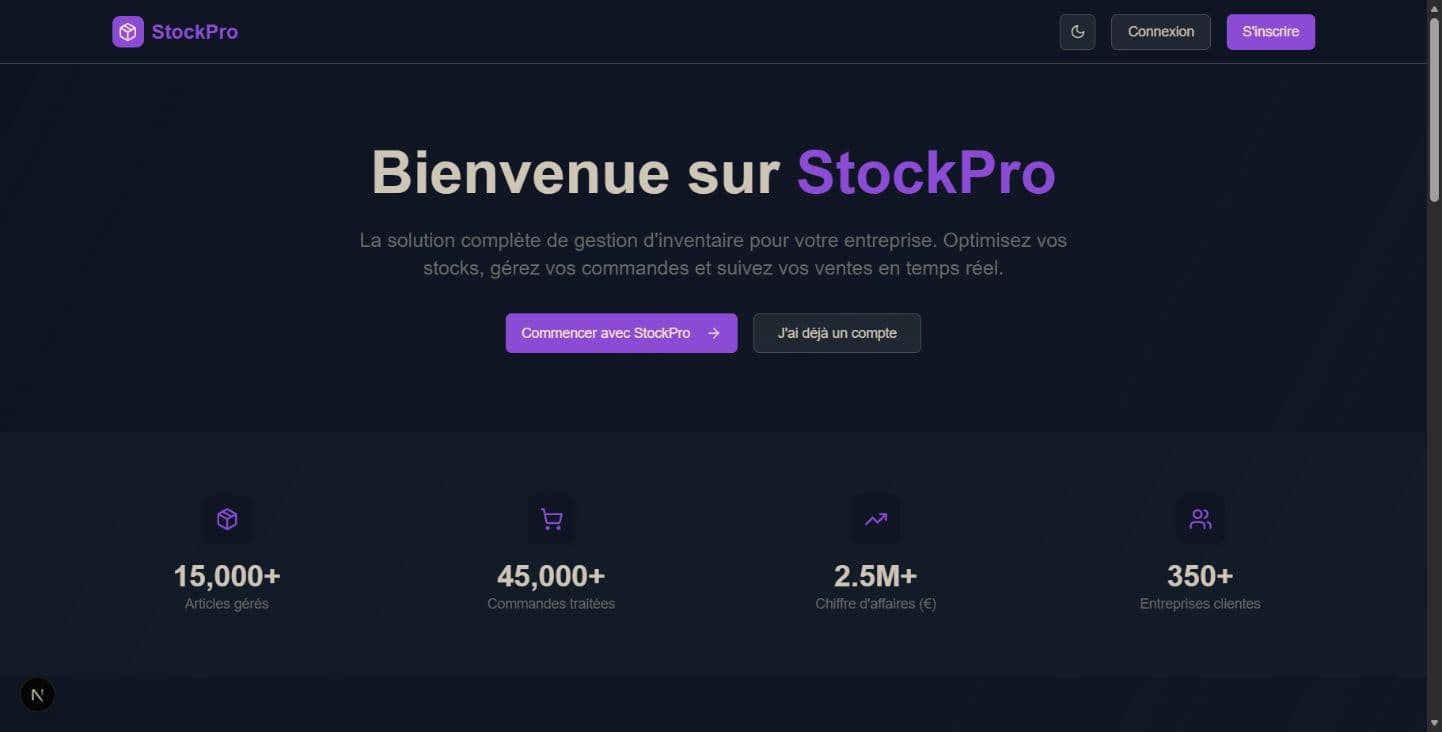 Page d’accueil de StockPro présentant une solution de gestion des stocks, commandes et ventes