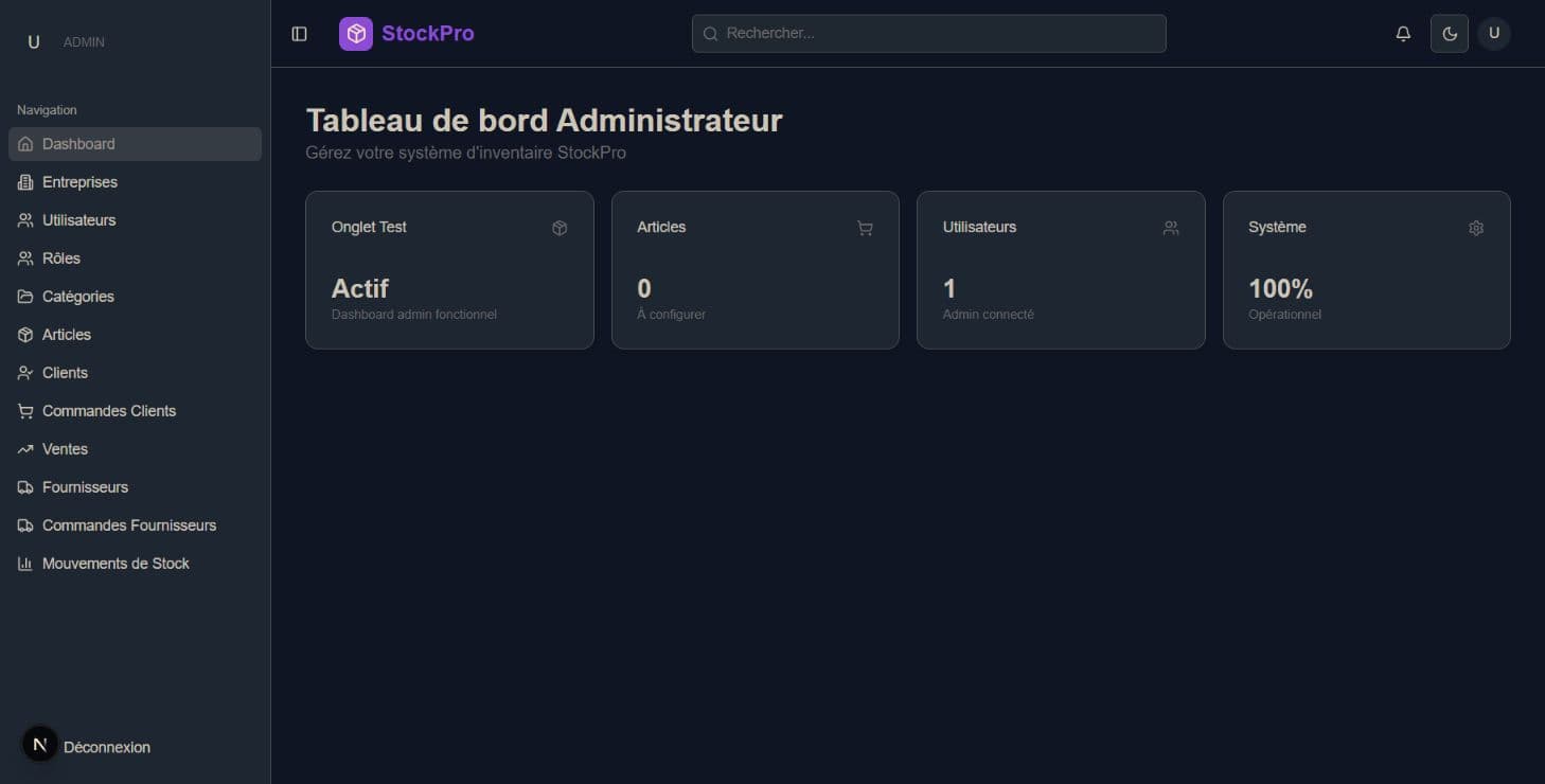 Tableau de bord administrateur de StockPro avec navigation vers les modules métier