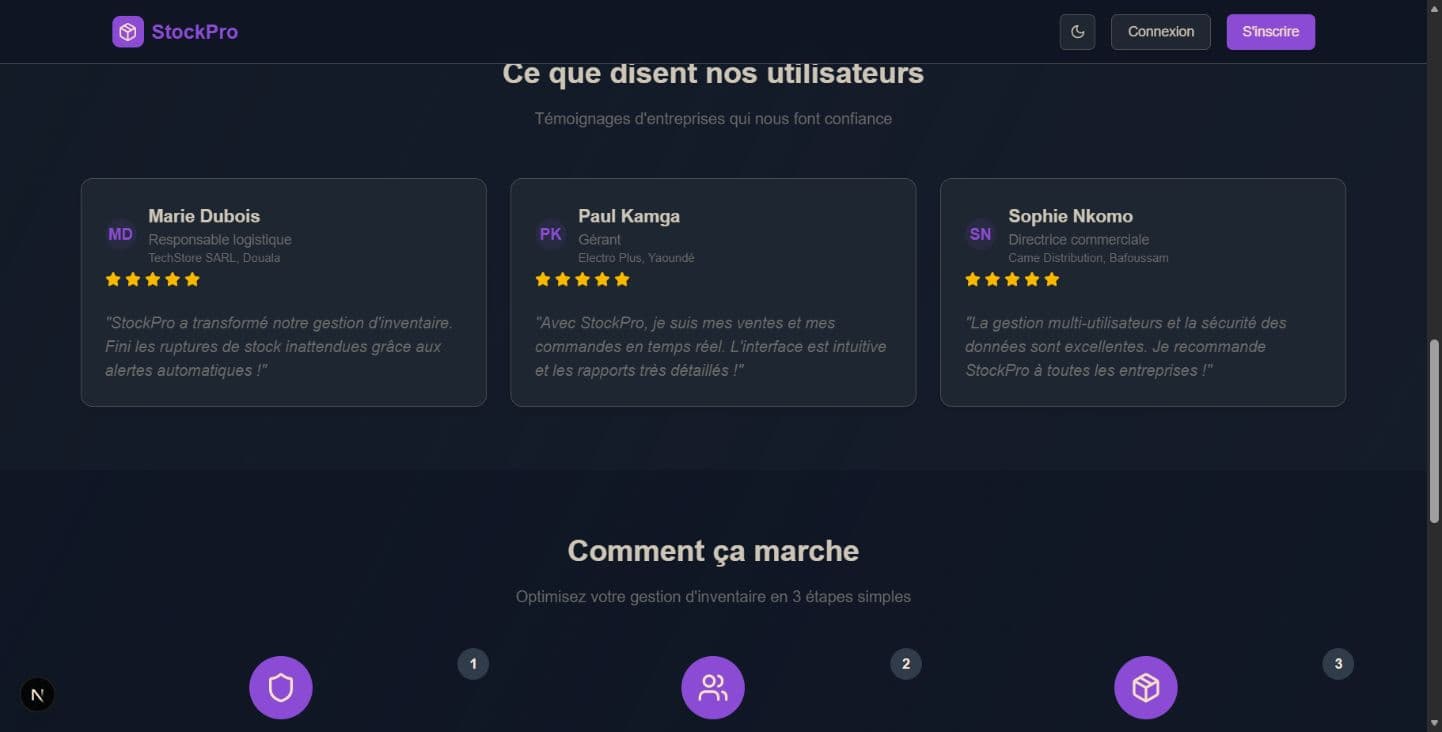 Section de présentation avec témoignages clients de StockPro