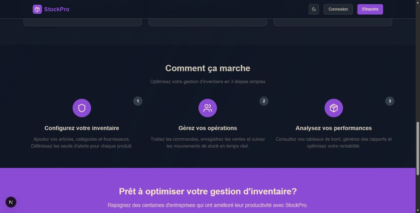 Section expliquant les étapes de prise en main de StockPro