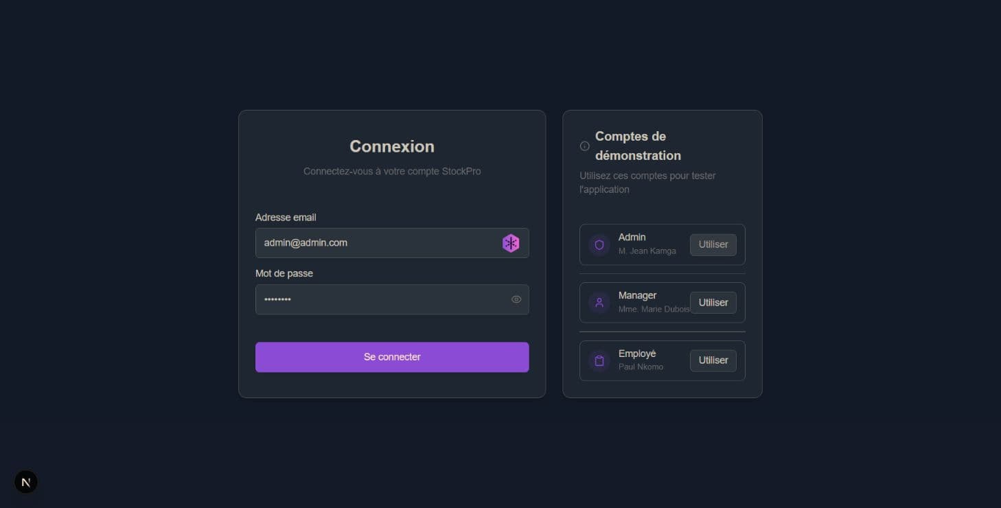 Écran de connexion StockPro proposant des comptes de démonstration