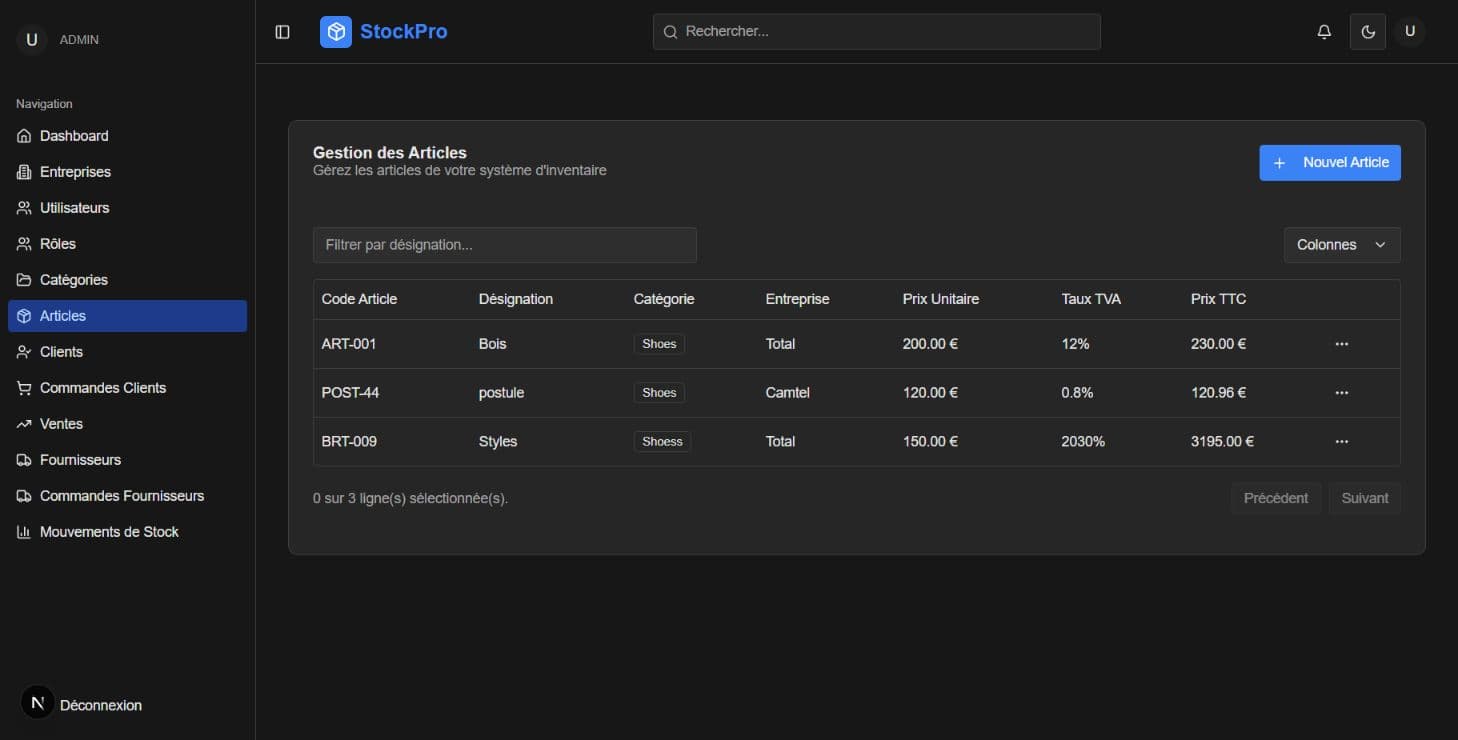 Tableau des articles StockPro avec codes, catégories, prix, TVA et entreprise