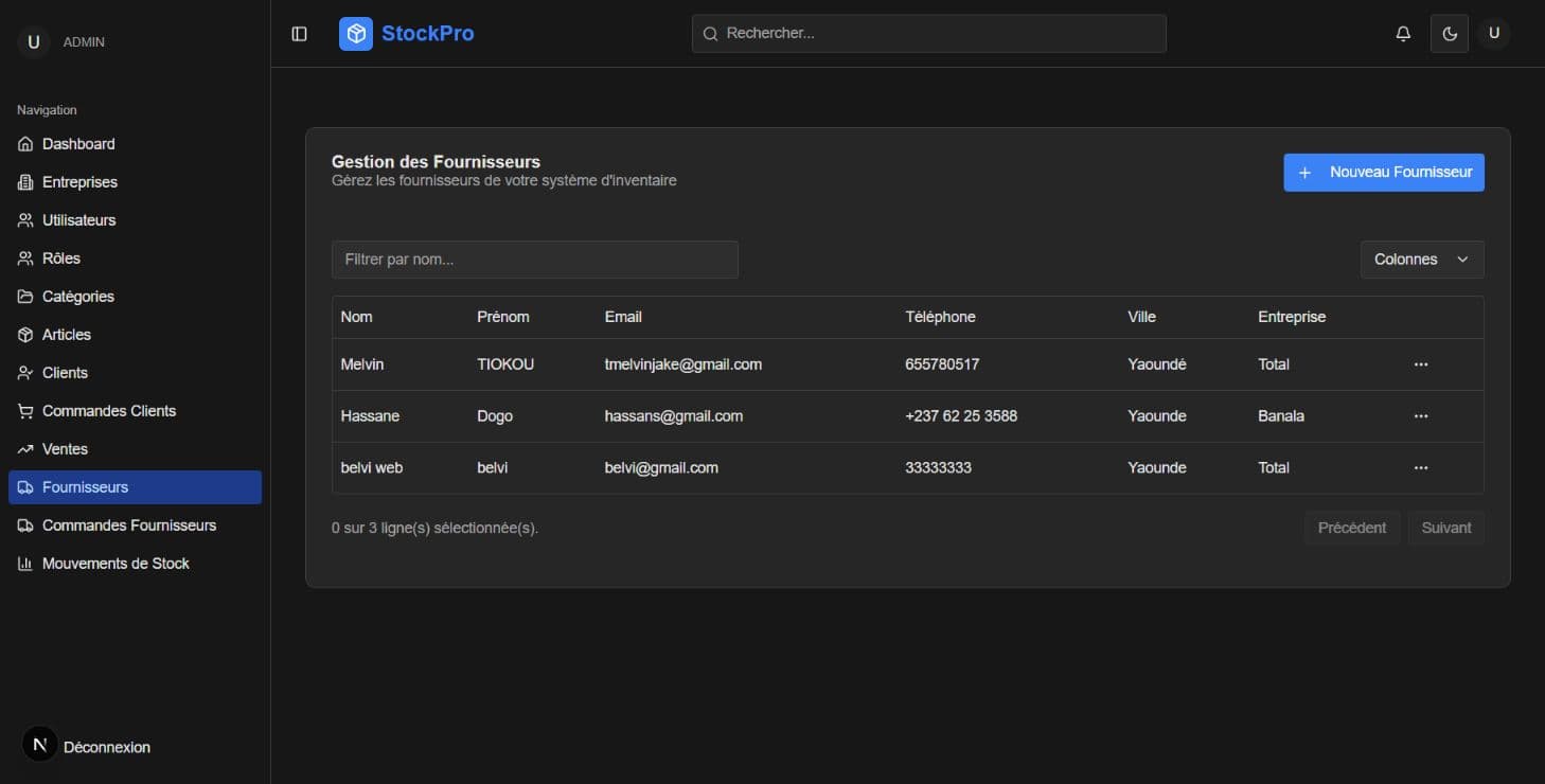 Tableau des fournisseurs StockPro avec contacts, téléphone, ville et entreprise