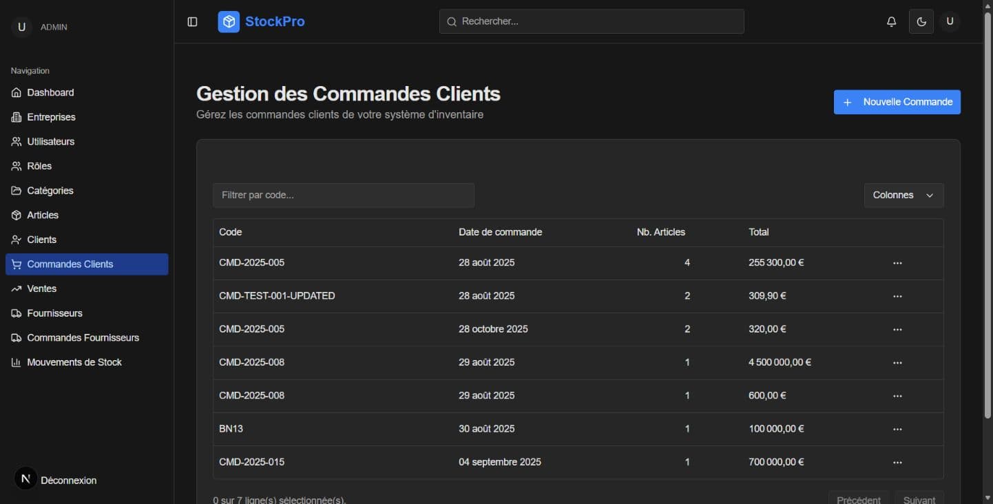 Liste des commandes clients StockPro avec dates, quantités d’articles et montants