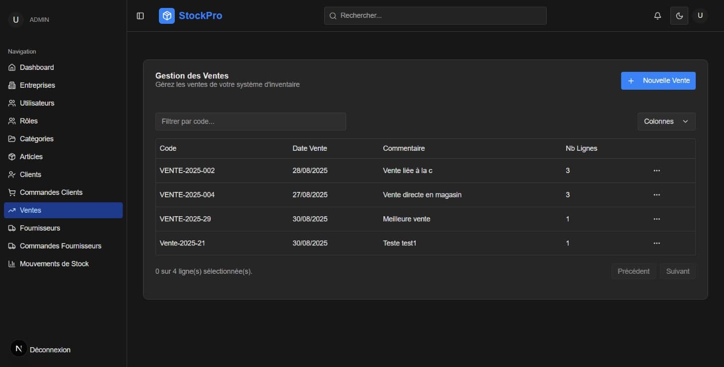 Tableau de suivi des ventes StockPro avec codes, dates, commentaires et lignes
