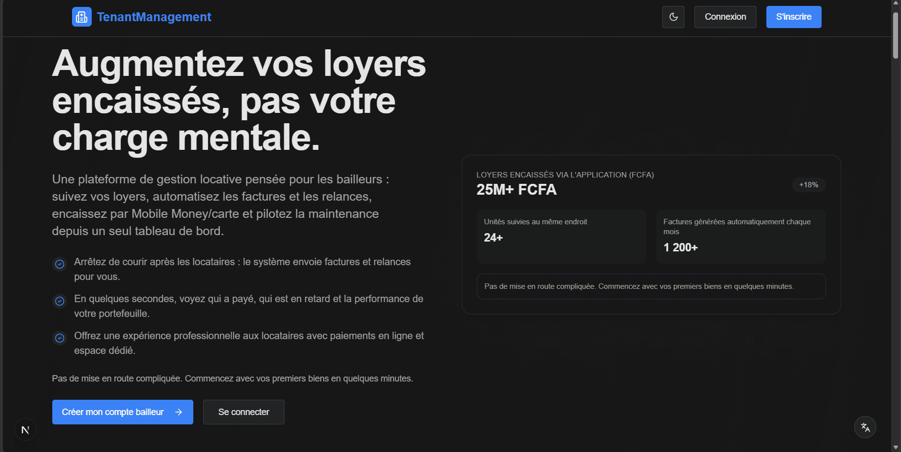 Page d’accueil de TenantManagement présentant la promesse d’automatiser les loyers, factures et relances