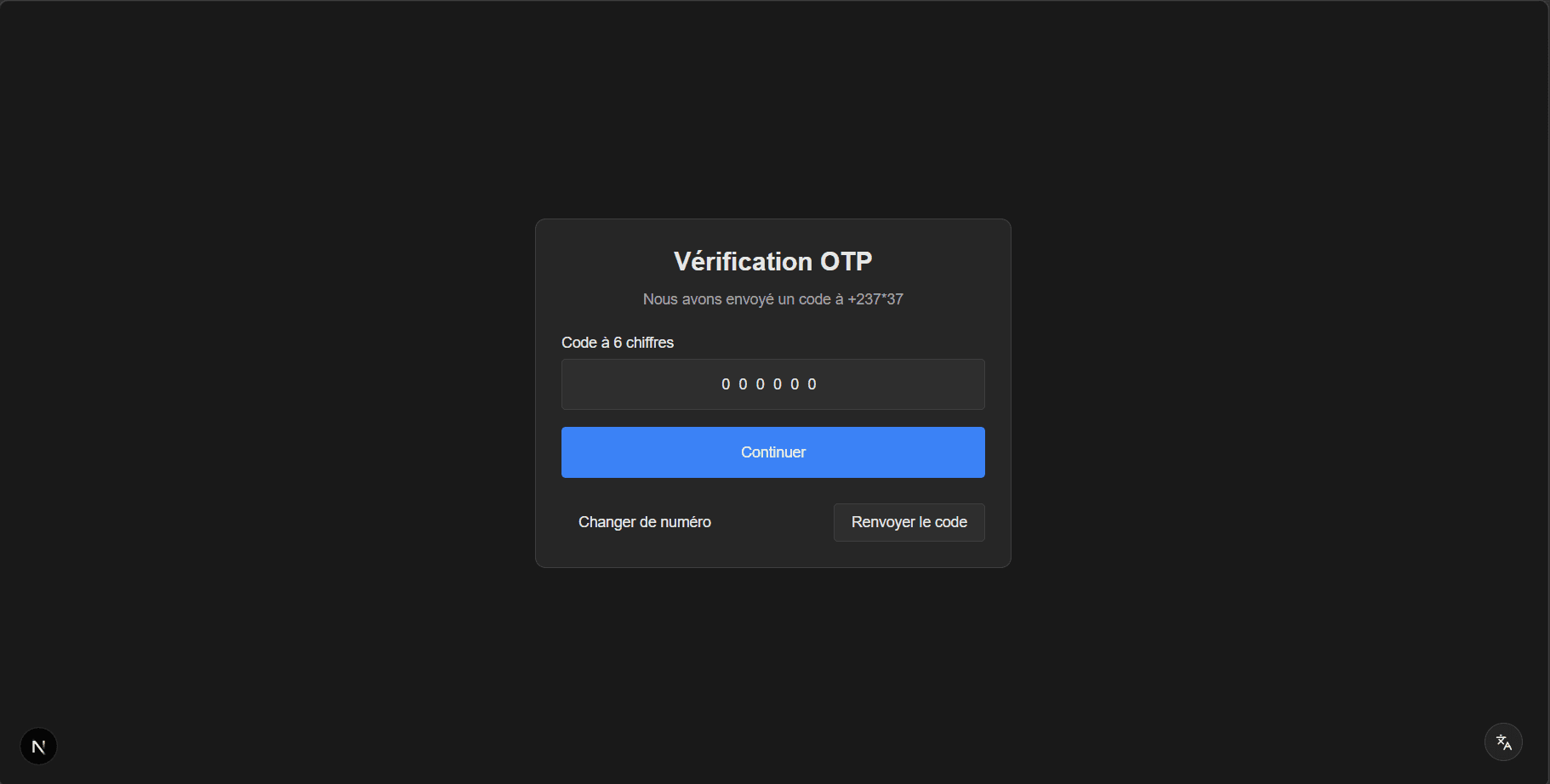 Écran de vérification OTP à six chiffres envoyé sur le téléphone du locataire ou du bailleur